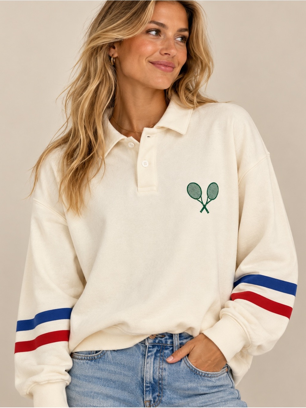 South Parade Tennis Polo Sweatshirt XS Cream Racket Graphic Preppy NWT